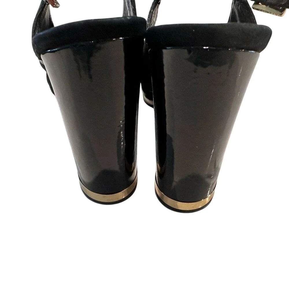 Tory Burch Black Patent Suede Platform Slingback Block Heels Gold‎ Trim Size 11M
